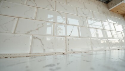 Low-angle view of a kitchen backsplash: one subway tile shows a faint vertical hairline crack