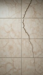 Overhead shot of a single beige ceramic floor tile with a delicate hairline crack near the center