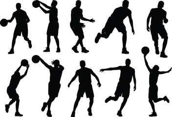 Vector silhouette set of basketball players playing game, dribbling ball, shooting hoop, jumping and running isolated on white background. © Monjila