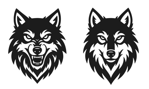 Black and white wolf heads. Angry predator, wild animal, wolf silhouette, forest creature. Vector illustration for a sports logo