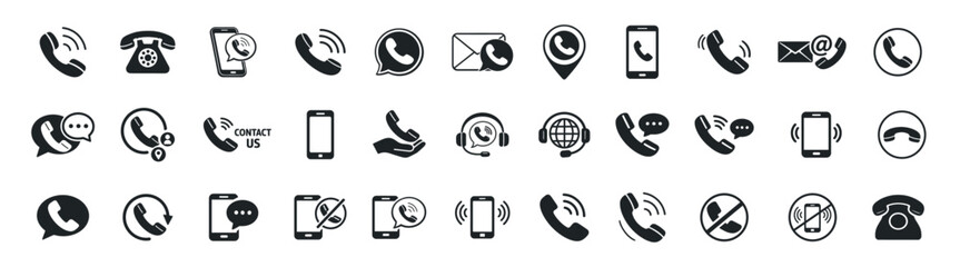 Phone and contact communication icon set, mobile support service and customer hotline symbols, solid vector collection on transparent background