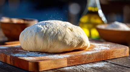 Whole wheat pizza dough shaped into ball on floured wooden background