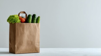 A brown paper shopping bag, filled to the top with varieties of fruit, on a light wood surface. Isolated on a turquoise blue background.