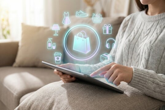 Woman using tablet for online shopping at home with holographic retail icons and smart ecommerce interface