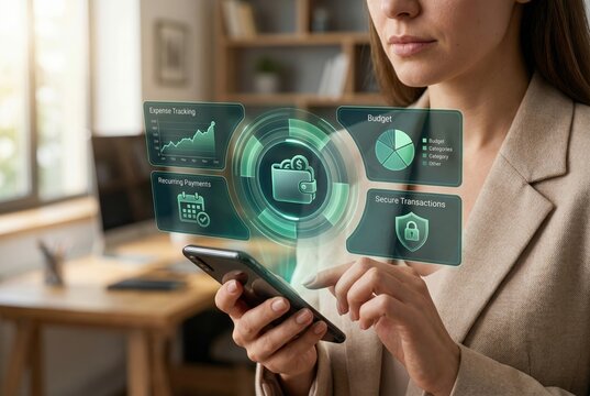 Woman using smartphone for budget tracking expense management and secure online payments