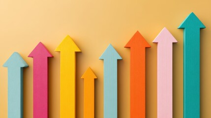 Red up arrow in the lawn grass. Copy space for text