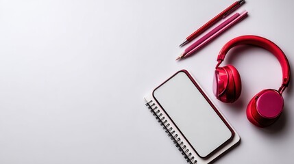 Mobile phone with empty screen and earphones on yellow surface. Wireless earphones, mobile phone on yellow background, top view. copy space White wireless bluetooth headphones and smartphone