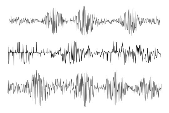 Set of polygraph test or seismometer diagrams isolated on white background. Seismogram or lie detector graphs. Ground motion or earthquake lines, sound record waves. Vector graphic illustration