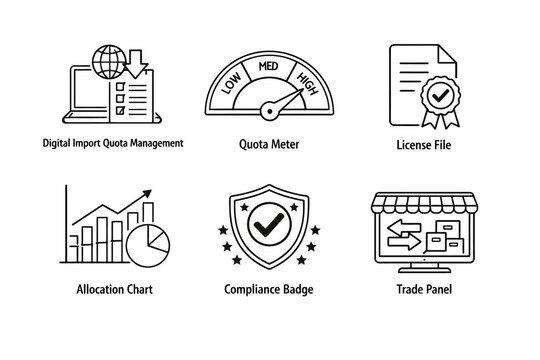 Business management icons: quota meter, trade panel, compliance badge, license file, allocation chart