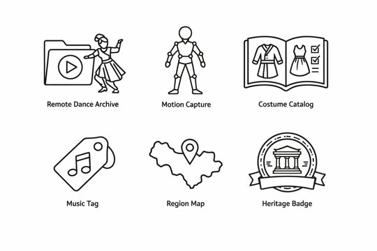 Icons representing dance archive, motion capture, costume catalog, music tag, region map, heritage badge