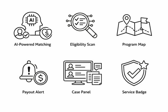 Ai-powered systems icons: matching, eligibility, program map, alerts, case panel, service badge