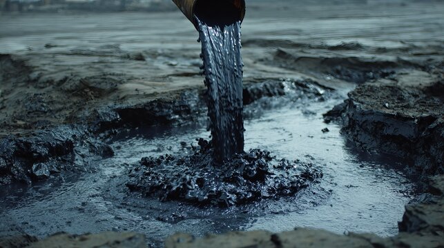 A large bucket pouring dirty water into a muddy puddle on the ground