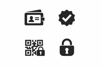 Obraz premium Digital security icons featuring id, checkmark, qr code, and padlock symbols