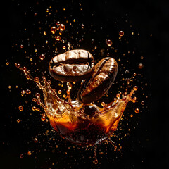 Coffee Bean Collision: A dynamic capture of coffee beans in mid-air as they interact with liquid, creating an artistic spectacle of flavor and aroma.