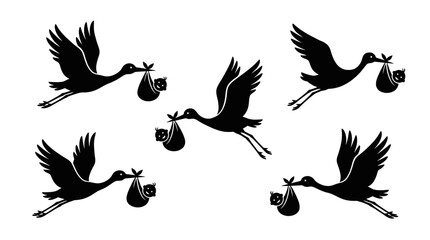 Flying Stork Silhouette Vector Illustrations &ndash; Five Unique Baby Delivery Designs in Black Silhouette Art Symbolizing Birth, New Life, and Traditional Folklore for Creative Projects