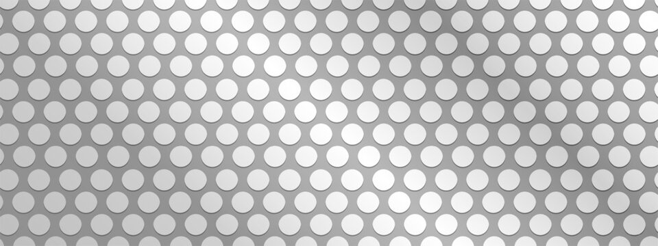 Perforated metallic texture. Steel, chrome or titanium plate, panel, radiator or speaker grill surface with repeated round holes. Shiny material with dotted structure. Vector realistic illustration