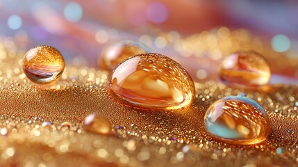 Golden Water Droplets on Sparkling Surface with Bokeh Background