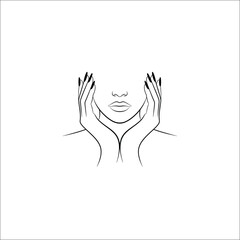 Fototapeta premium Woman's Face Line Art with Hands and Long Nails, Minimalist Beauty Illustration