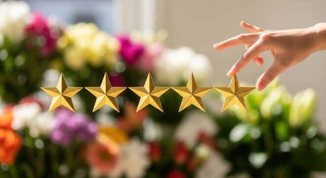 Female hand placing five gold stars on blurred flower background. Best quality rating concept for florist shop review, customer satisfaction and excellent service feedback in nature context.