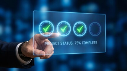Obraz premium Businessman Touching Holographic Checklist with Green Checkmarks and Empty Circle Represents Project Progress, Step-by-Step Plan, and Workflow Completion