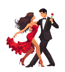 Passionate Tango Couple with Rose, Red Dress and Suit Vector Illustration