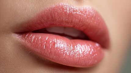 Woman Lips with Glossy Pink Lipstick Close-up