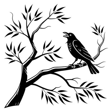 A black bird perched on a tree branch Vector