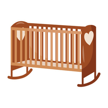 Classic wooden baby crib in flat cartoon style isolated on light background. Suitable for nursery interior themes, baby products, and children designs.