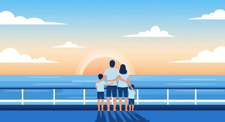 Family Vacation On A Cruise Ship Watching The Sunrise Over The Ocean Horizon