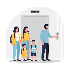 Family Waiting For Elevator In Modern Building Interior Scene