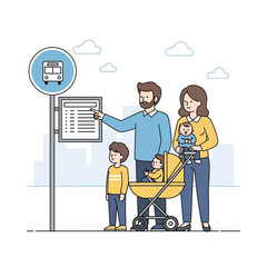 Family Waiting Patiently For Public Transportation At Bus Stop Illustration