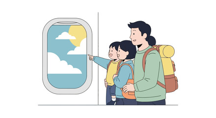 Family Watching Clouds Through Airplane Window On Their Vacation