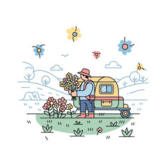 Farmer Picking Flowers Next To His Auto Rickshaw in the Countryside