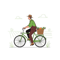 Farmer Riding Bicycle Delivering Fresh Produce From The Farm To Town