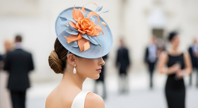 Elegant Woman Adorning a Chic Fascinator at a Sophisticated Outdoor Event, Showcasing Refined Style and Gracious Attire