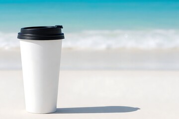 Obraz premium White disposable coffee cup with black lid on beach