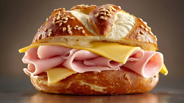 A delicious ham and cheese sandwich on a pretzel bun with sesame seeds