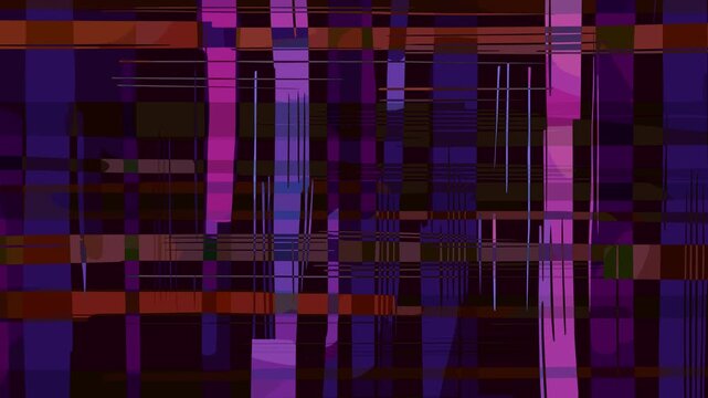 A vibrant 2D motion graphic composed of shifting purple and magenta rectangular blocks and lines creating a digital interference effect. Perfect for high-energy music videos, gaming stream overlays, o