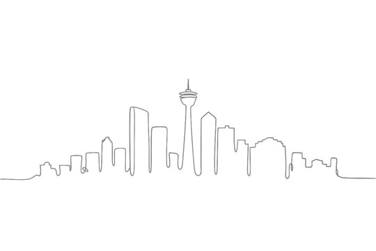 Minimalist line drawing depicts a modern city skyline with a prominent tower