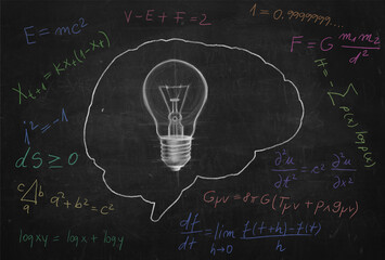 Brainstorming Light Bulb Concept On Chalkboard With Physics Equations And Creative Thinking Illustration Science