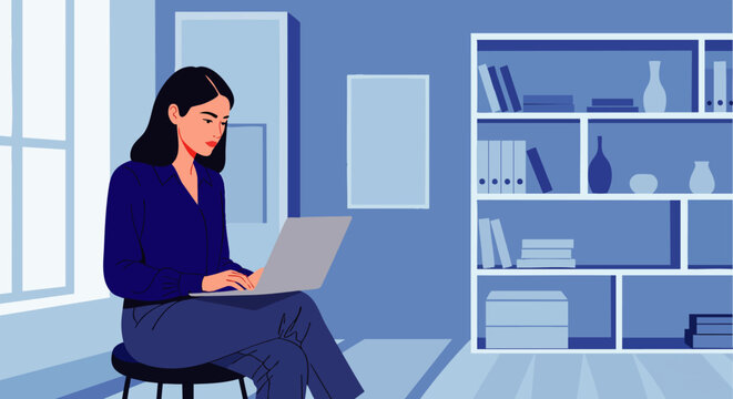 Professional woman focused on her laptop, working from home or studying online in a stylish blue monochromatic office environment. Digital illustration.