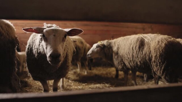 Standing sheep, Peaceful animals, Farm atmosphere. In warm barn made of wood, sheep stands while others linger in background, representing serene and simple existence farm animals in their shelter.