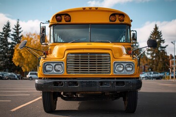 Low-angle photograph of a yellow school bus facing forward