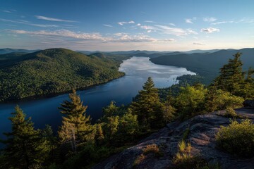 Naklejka premium Panoramic view of Lake George framed by rugged rocks and lush forest from a mountaintop overlook