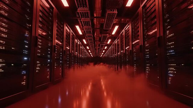 Futuristic data center with rows of server racks and red lighting.