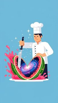 Chef Cutting Watermelon with Knife.