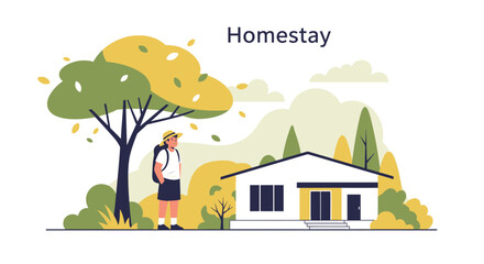 Fototapeta premium Homestay Experience Rural Getaway Traveler Arrival At Quaint Residence