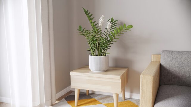 Modern Home Decor with a ZZ Plant Zamioculcas in a Ribbed White Pot on a Minimalist Wooden Nightstand in a Bright Bedroom for Sustainable Living Trends