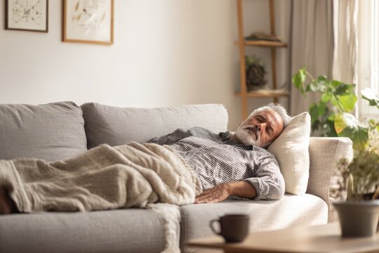 Relaxed man taking a quick nap on a cozy living room couch