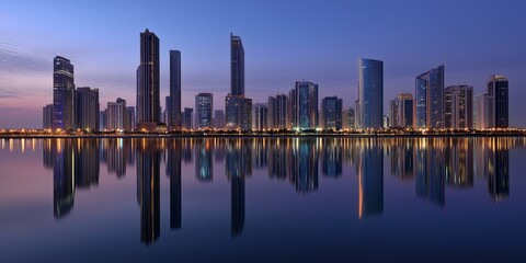 Obraz premium Cityscape Reflection at Twilight: Urban Skyline, Modern Architecture Scene